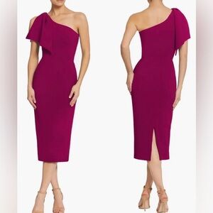 NWOT Dress The Population Tiffany One Shoulder Dark Magenta Midi Dress Sz L